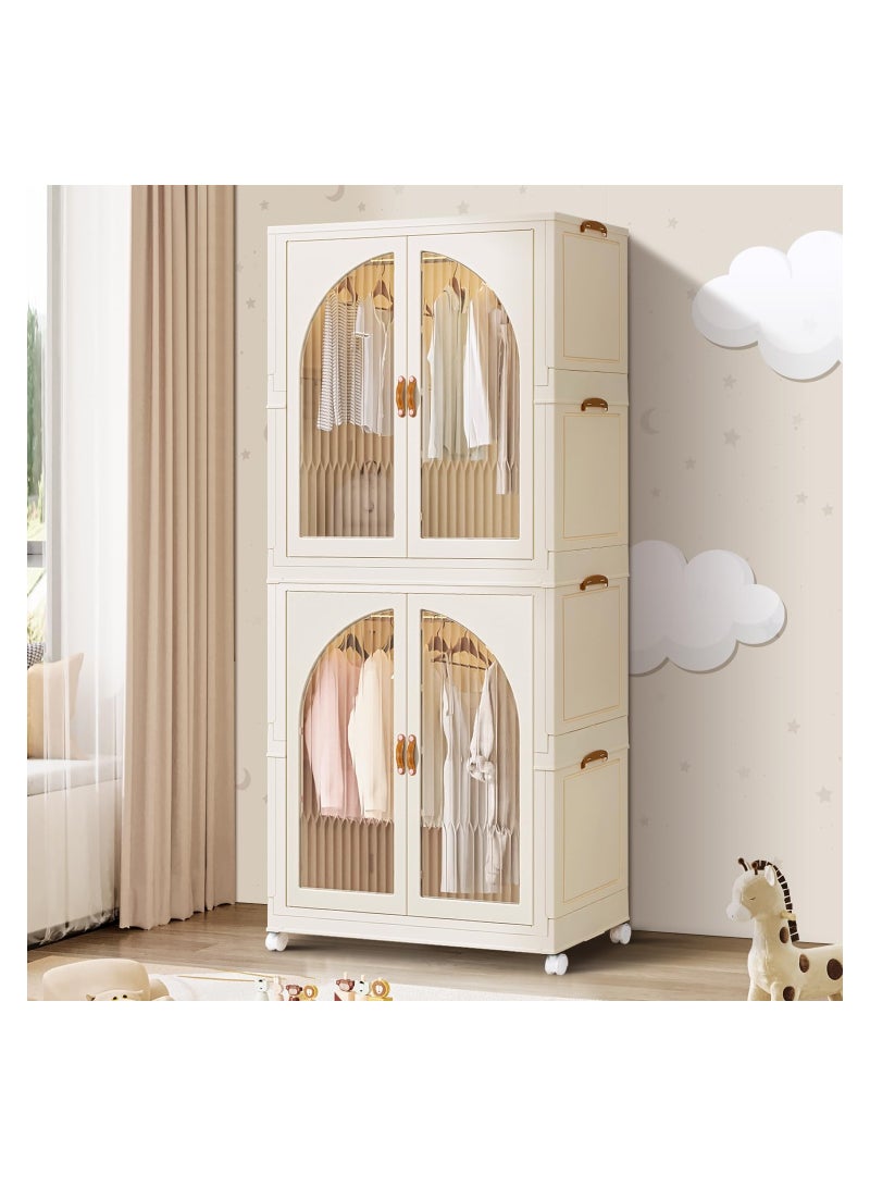 Generic Portable Kids Closet Foldable Storage Bins Stackable Storage Cabinet with Doors and Wheels for Home Bedroom,Free Installation(2 Tall)  - Image 1