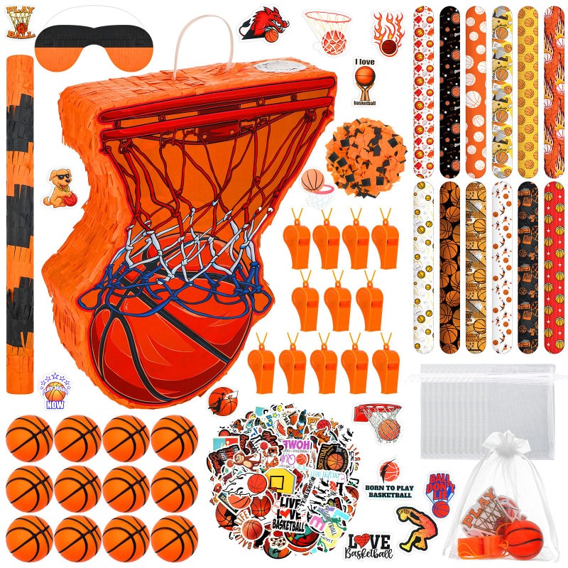 Silipull 152 Pcs Ball Piata Ball Party Supplies with Blindfold and Stick for Kids Birthday Party Decorations Foam Stress Slap Bracelets Whistle Favors for Boys GirlsBasketball - Image 3