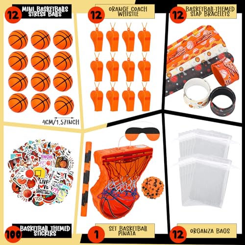 Silipull 152 Pcs Ball Piata Ball Party Supplies with Blindfold and Stick for Kids Birthday Party Decorations Foam Stress Slap Bracelets Whistle Favors for Boys GirlsBasketball - Image 5