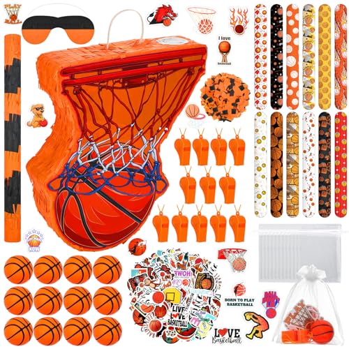 Silipull 152 Pcs Ball Piata Ball Party Supplies with Blindfold and Stick for Kids Birthday Party Decorations Foam Stress Slap Bracelets Whistle Favors for Boys GirlsBasketball - Image 1