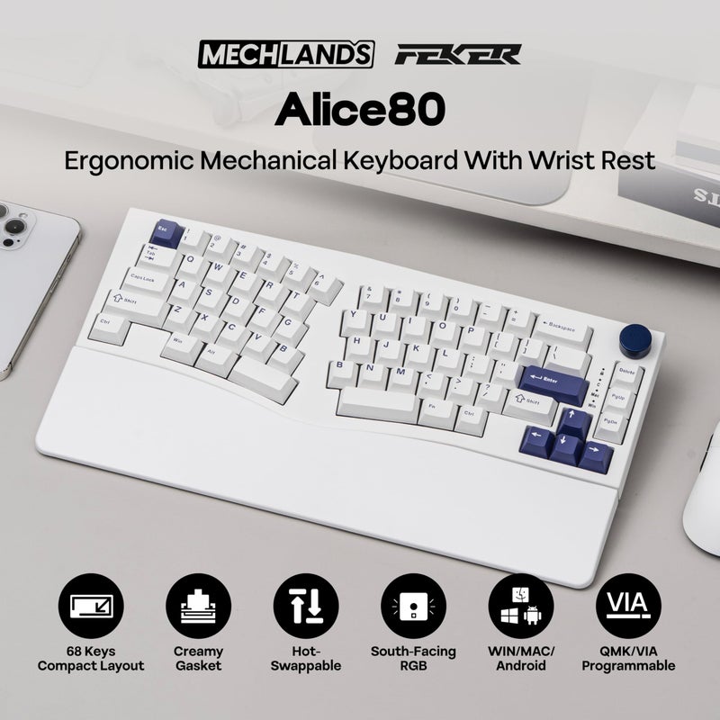 MechLands Feker Alice80 68 Keys Ergonomic Mechanical Keyboard, QMK & VIA Programmable, Wired Gaming Keyboard with Creamy Gasket, Hot Swappable, 5 Layer Paddings, NKRO, RGB for Win/Mac (White) - Image 2