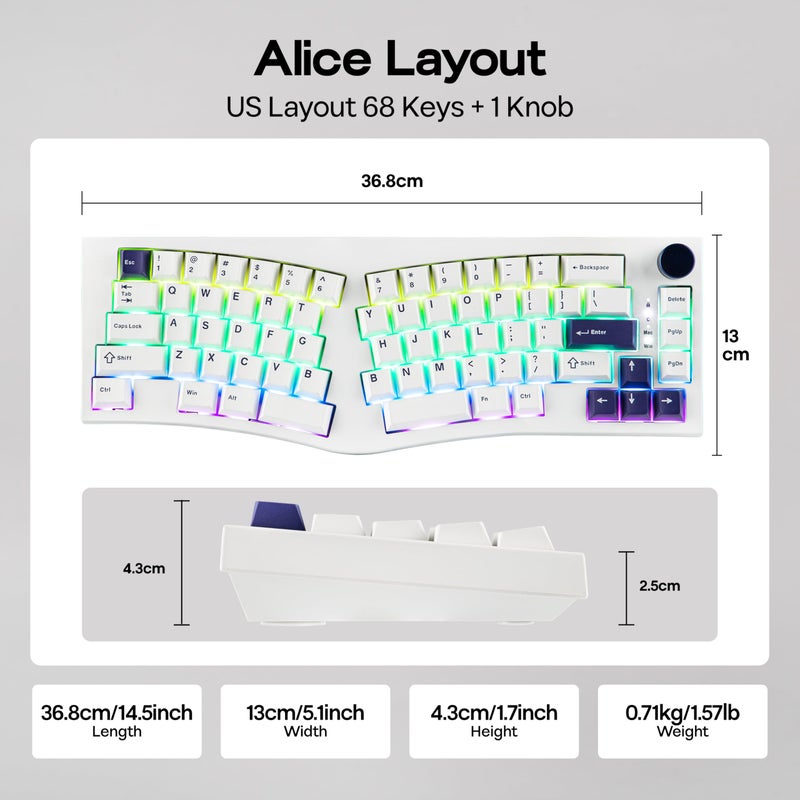 MechLands Feker Alice80 68 Keys Ergonomic Mechanical Keyboard, QMK & VIA Programmable, Wired Gaming Keyboard with Creamy Gasket, Hot Swappable, 5 Layer Paddings, NKRO, RGB for Win/Mac (White) - Image 4