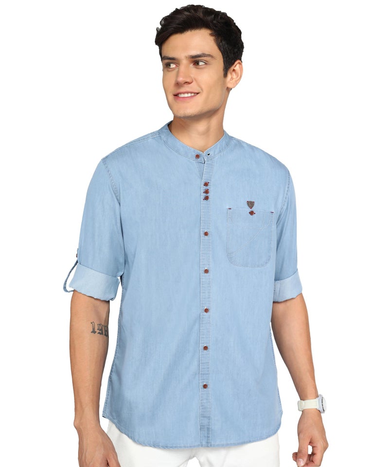 Kuons Avenue Men's Icewash Mandarin Collar Denim Casual Shirt | Chinese Collar Shirts for Men (KACLFS1171H-XXL_Icewash_XX-Large) - Image 1