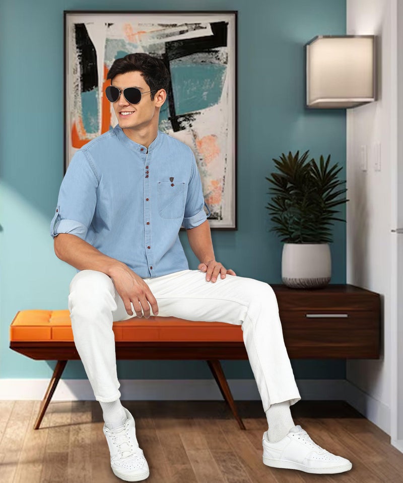 Kuons Avenue Men's Icewash Mandarin Collar Denim Casual Shirt | Chinese Collar Shirts for Men (KACLFS1171H-XXL_Icewash_XX-Large) - Image 3