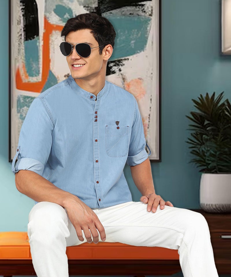 Kuons Avenue Men's Icewash Mandarin Collar Denim Casual Shirt | Chinese Collar Shirts for Men (KACLFS1171H-XXL_Icewash_XX-Large) - Image 4