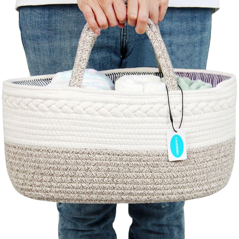 Casaphoria Caddy Organization Woven Cotton Rope Basket storage Caddy or Gift Soft Circular Basket with Handle Cotton MaterialLight Brown155x10x75