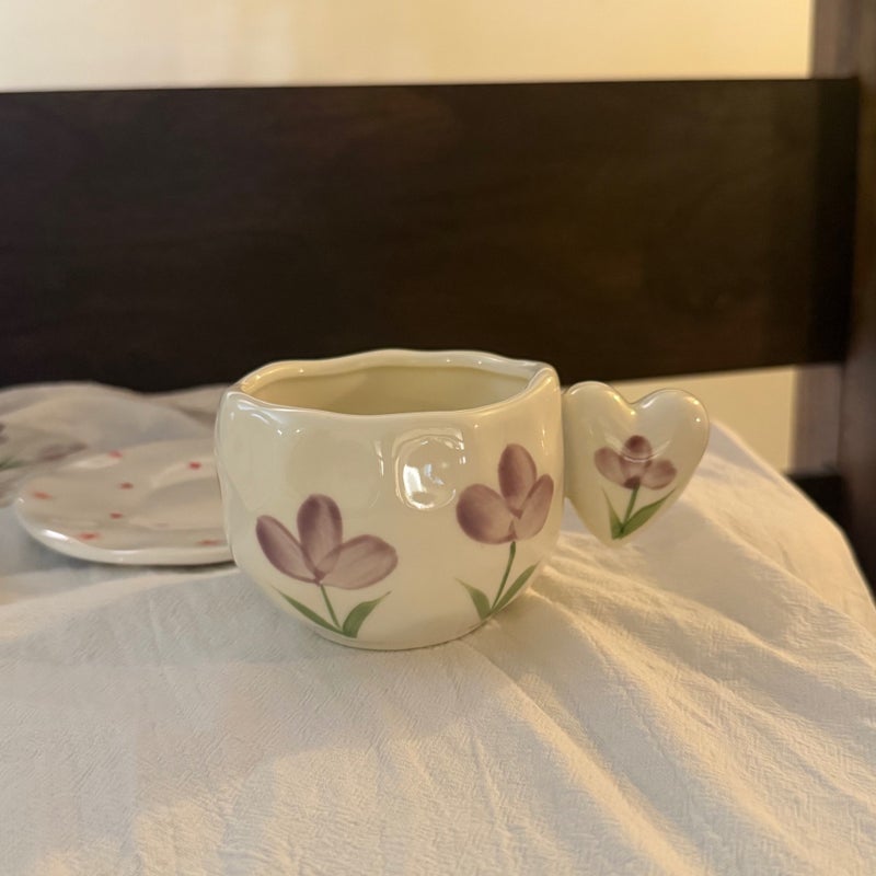 فنجان وصحن سيراميك على طراز فرنسي على شكل قلب، فنجان قهوة وصحن غير منتظم، فنجان وصحن شاي بعد الظهر - Image 1