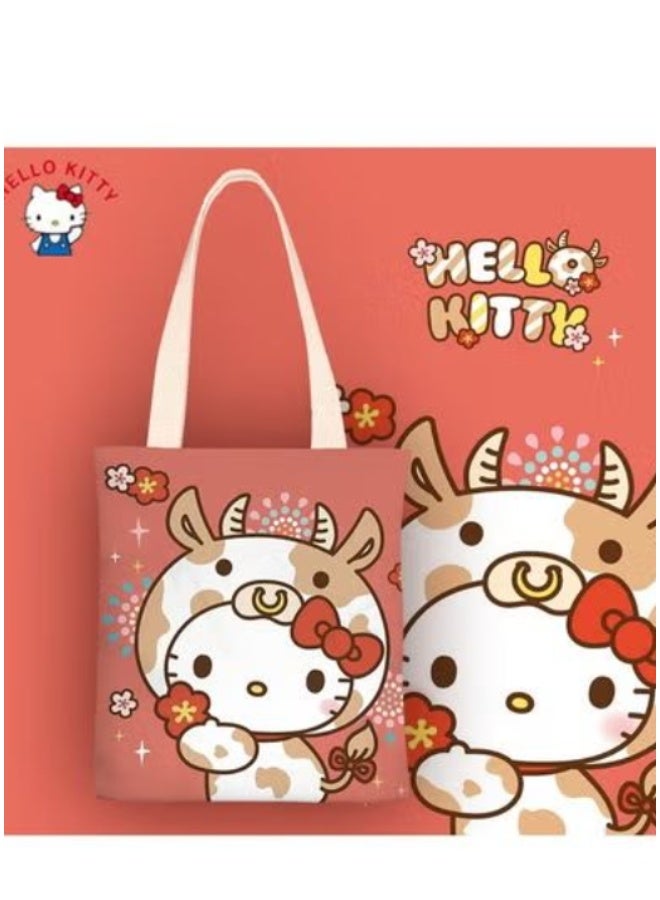 Hello Kitty Cow-Themed Hello Kitty Canvas Tote Bag with Floral & Sparkle Accents