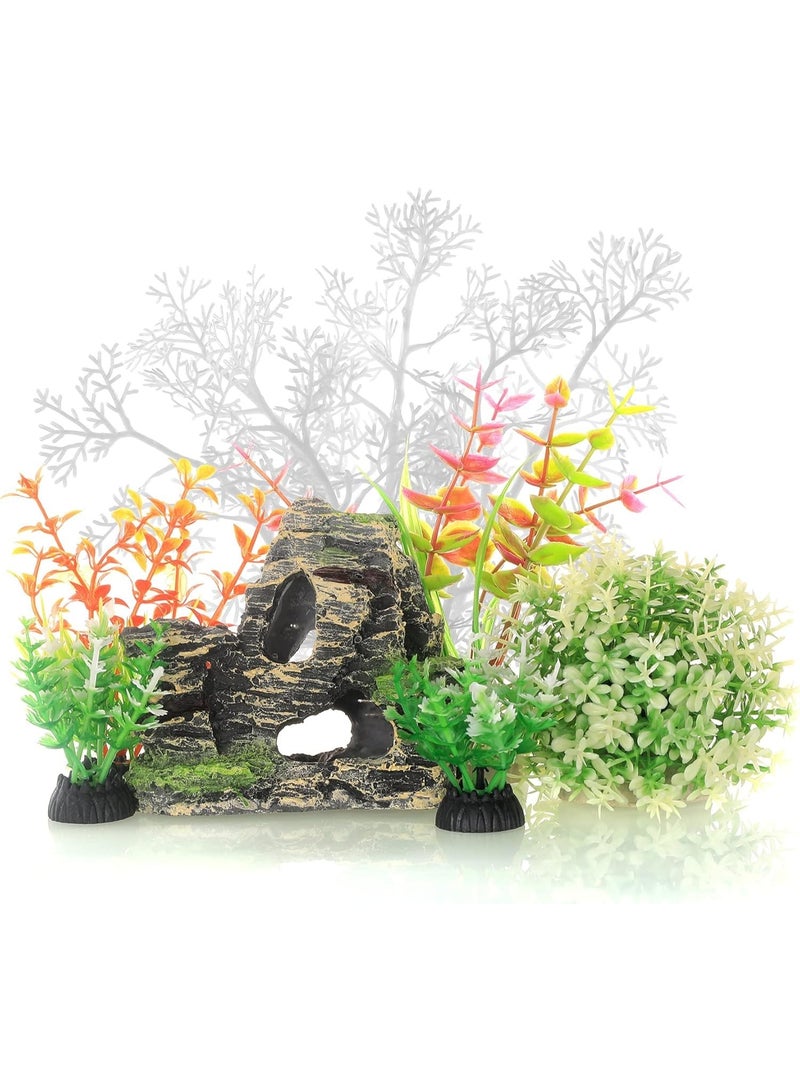 7 قطع من نباتات بلاستيكية بيضاء لحوض السمك وديكورات صخور الكهف، نباتات صناعية صغيرة وكبيرة لحوض السمك مع صخور الكهف - Image 1