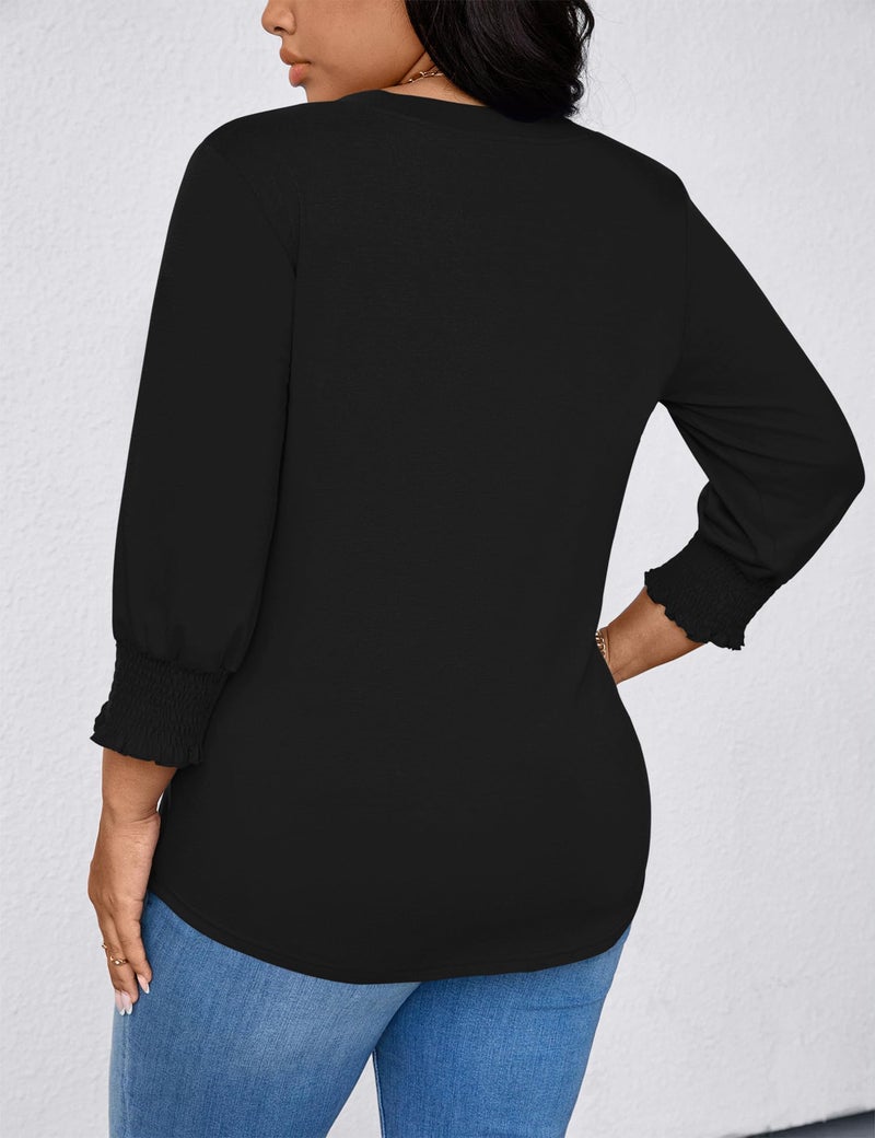TFSDOD Plus Size Tops for Women Trendy 3/4 Length Sleeve Womens Tops Loose Fit Dressy Blouses V Neck Shirts Summer Outfits for Women Black 2X - Image 3