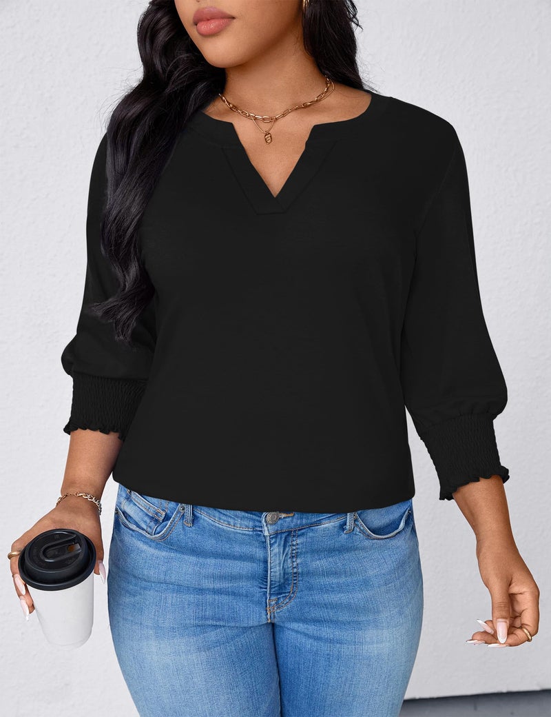 TFSDOD Plus Size Tops for Women Trendy 3/4 Length Sleeve Womens Tops Loose Fit Dressy Blouses V Neck Shirts Summer Outfits for Women Black 2X - Image 5