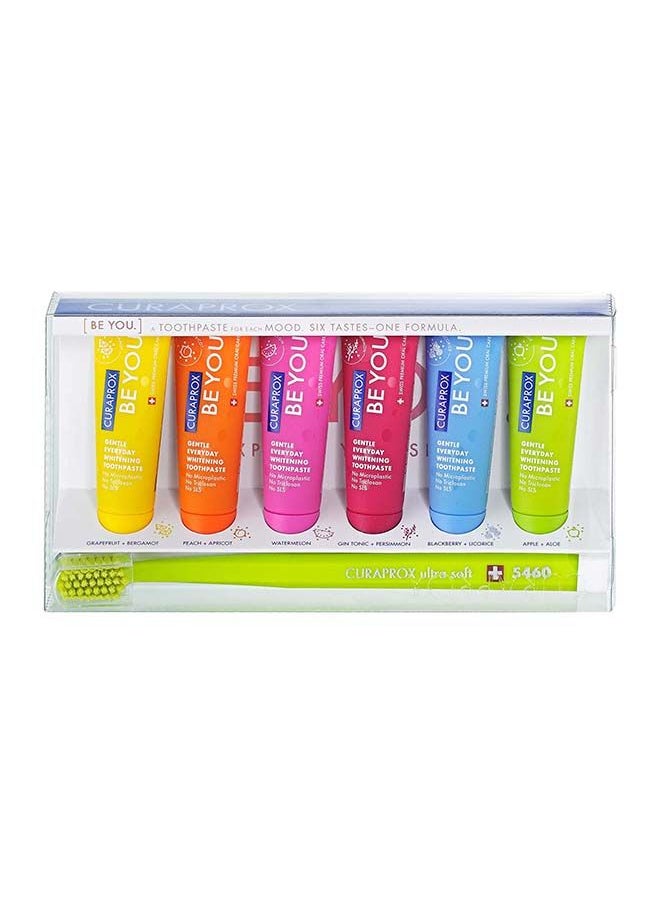 CURAPROX Curaprox Be You Six-Taste-Pack - Mini Travel Size Toothpaste, 6 Flavoured Toothpaste Taste Pack + Curaprox CS 5460 Ultra-Soft Toothbrush Multicolour  - Image 1