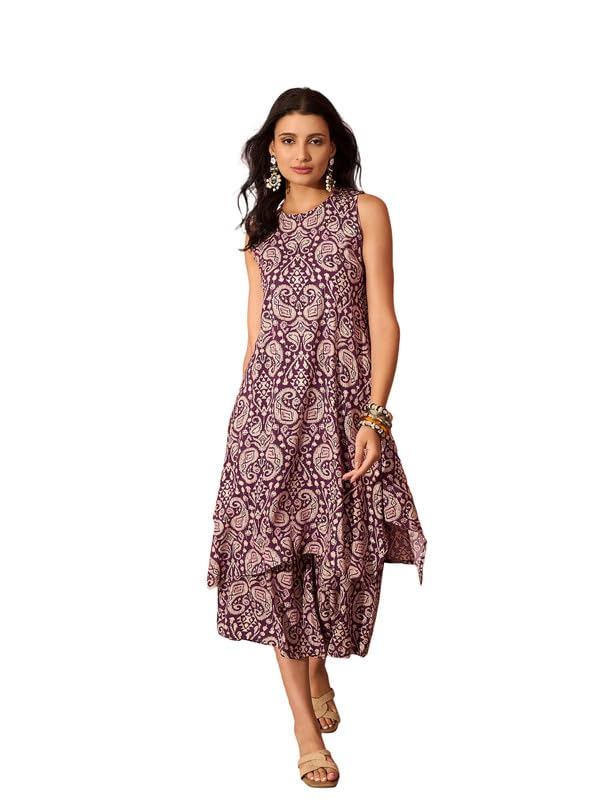 InWeave DUSTY MAUVE PAISLEY ROUND NECK KURTA SHORT PALAZZO SET - Image 1