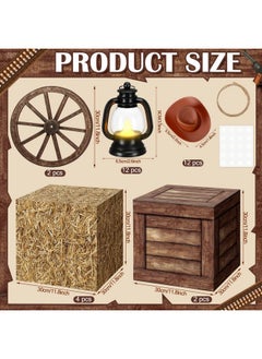 Ferraycle Ferraycle 32 Pcs Western Centerpiece Party Accessory Include Mini Lantern with Mini Cowboy Hats Wooden Wagon Wheels Hay Bale and Wood Grain Boxes for Farmhouse Western Cowboy Themed Party Decorations  - Image 2