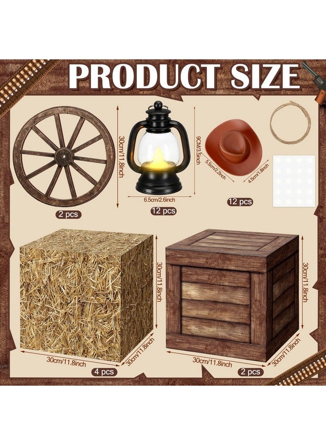 فيرايكل مجموعة ملحقات الحفلات الغربية من Ferraycle، 32 قطعة، تتضمن فانوسًا صغيرًا مع قبعات رعاة البقر الصغيرة وعجلات عربة خشبية وصناديق من القش وحبوب خشبية لديكورات حفلات على طراز رعاة البقر الغربي في المزرعة - Image 2