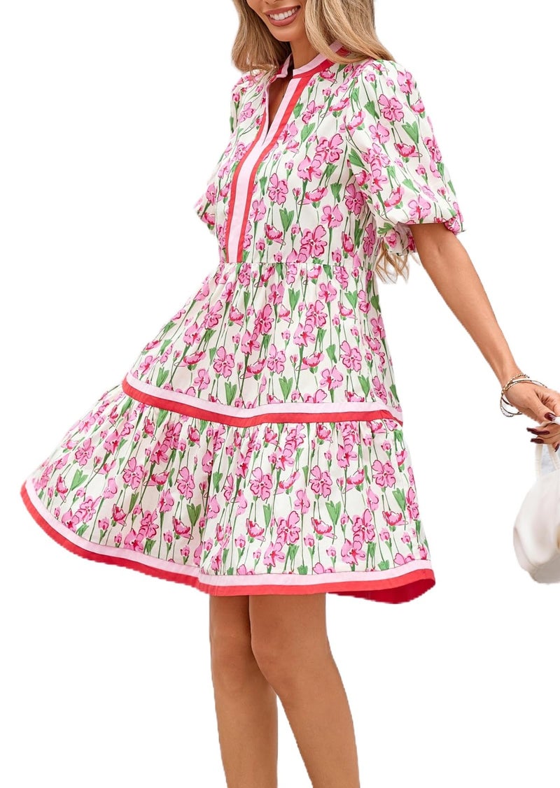 LifeShe Womens Floral Mini Dresses Short Sleeve V Neck Flowy Babydoll Dress Summer Beach Vacation Boho Outfits Pink - Image 1