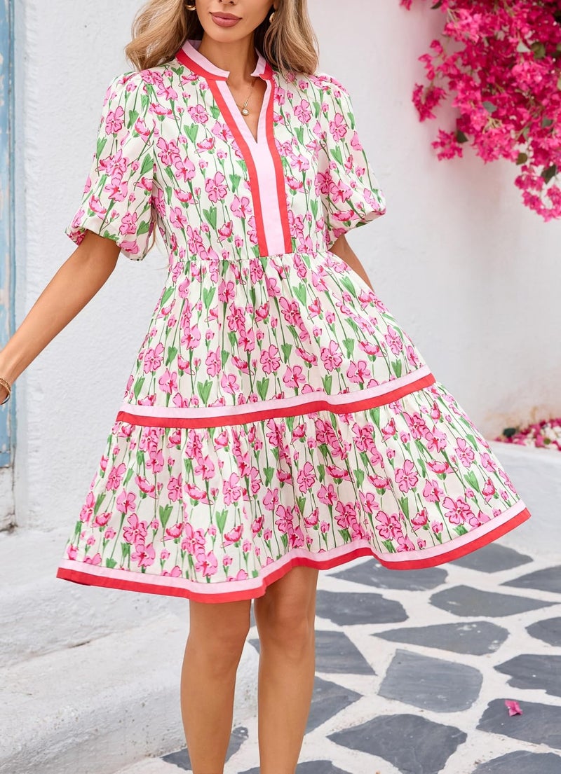 LifeShe Womens Floral Mini Dresses Short Sleeve V Neck Flowy Babydoll Dress Summer Beach Vacation Boho Outfits Pink - Image 4