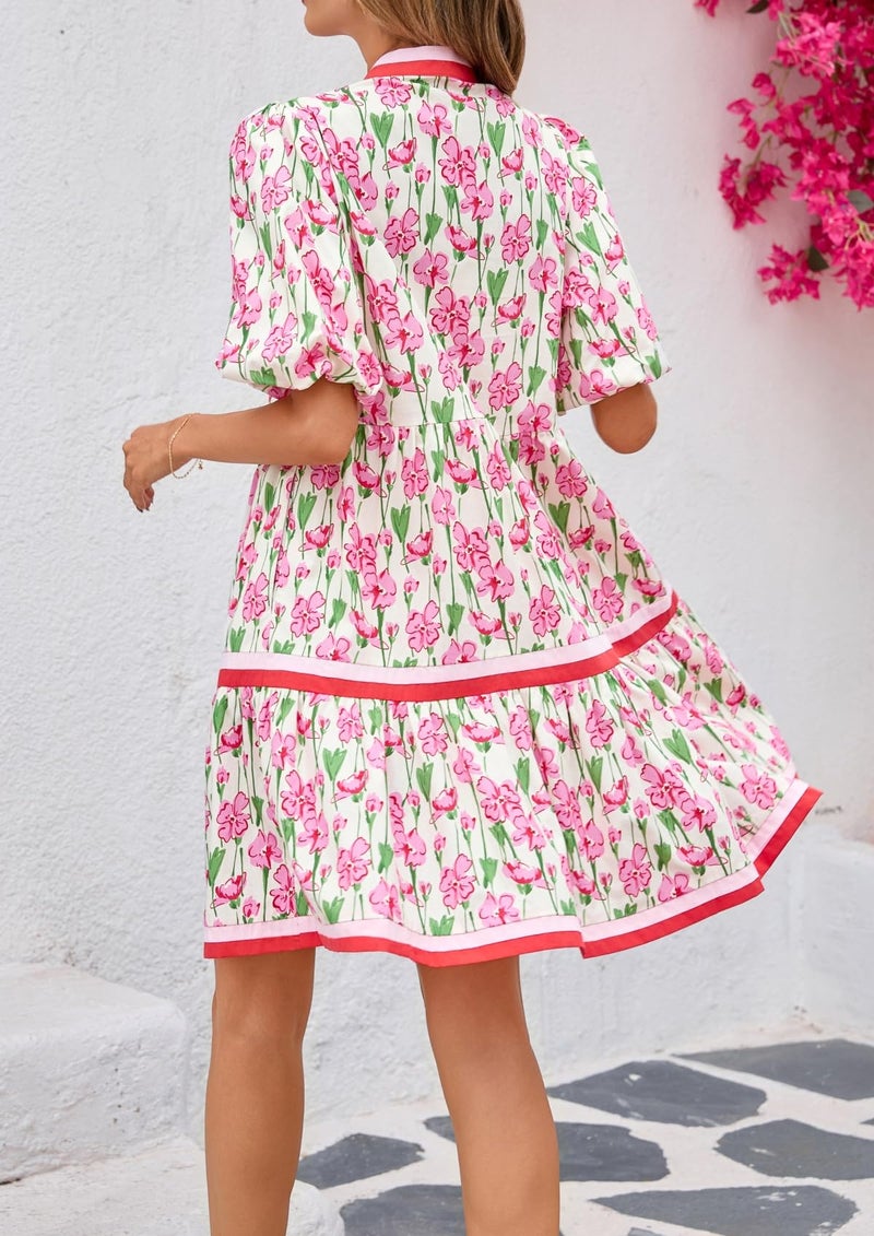 LifeShe Womens Floral Mini Dresses Short Sleeve V Neck Flowy Babydoll Dress Summer Beach Vacation Boho Outfits Pink - Image 2