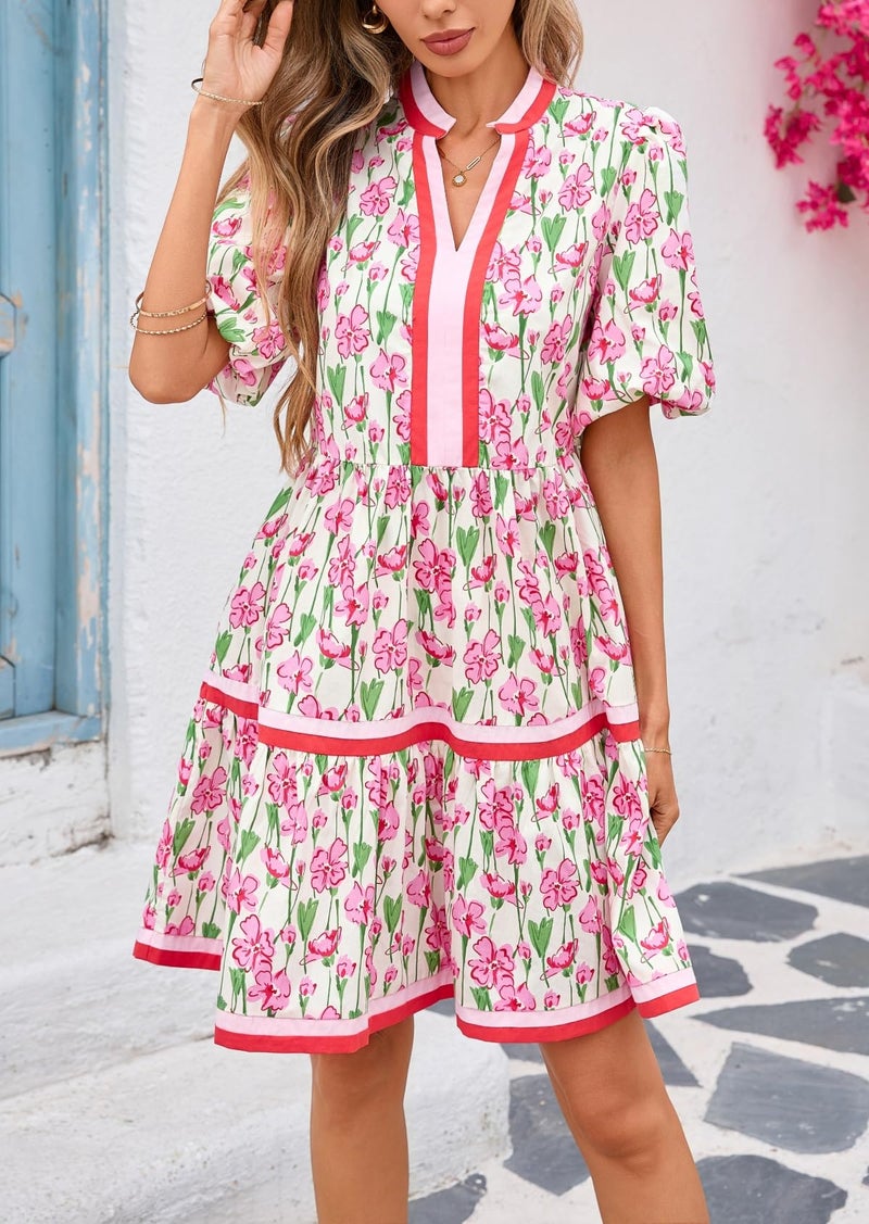 LifeShe Womens Floral Mini Dresses Short Sleeve V Neck Flowy Babydoll Dress Summer Beach Vacation Boho Outfits Pink - Image 3