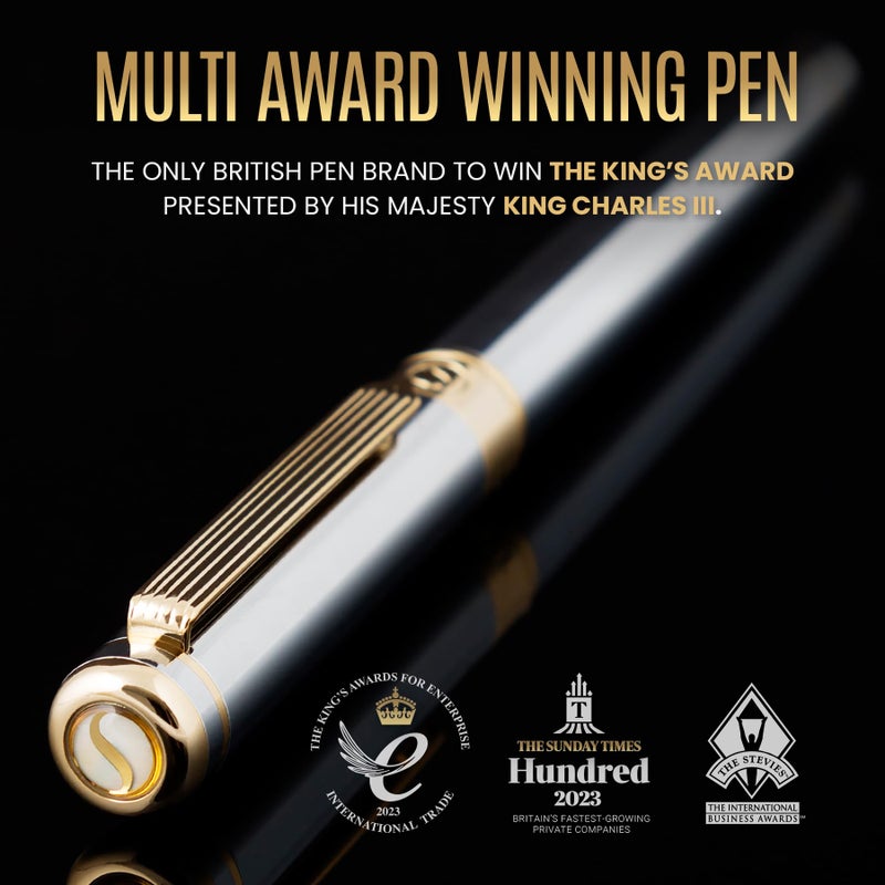 Scriveiner Silver Chrome Rollerball Pen - Stunning Luxury Pen, Real Gold Plating, Schmidt Ink Refill, Best Roller Ball Pen Gift Set for Men & Women, Professional, Executive Office, Fancy Pens - Image 2