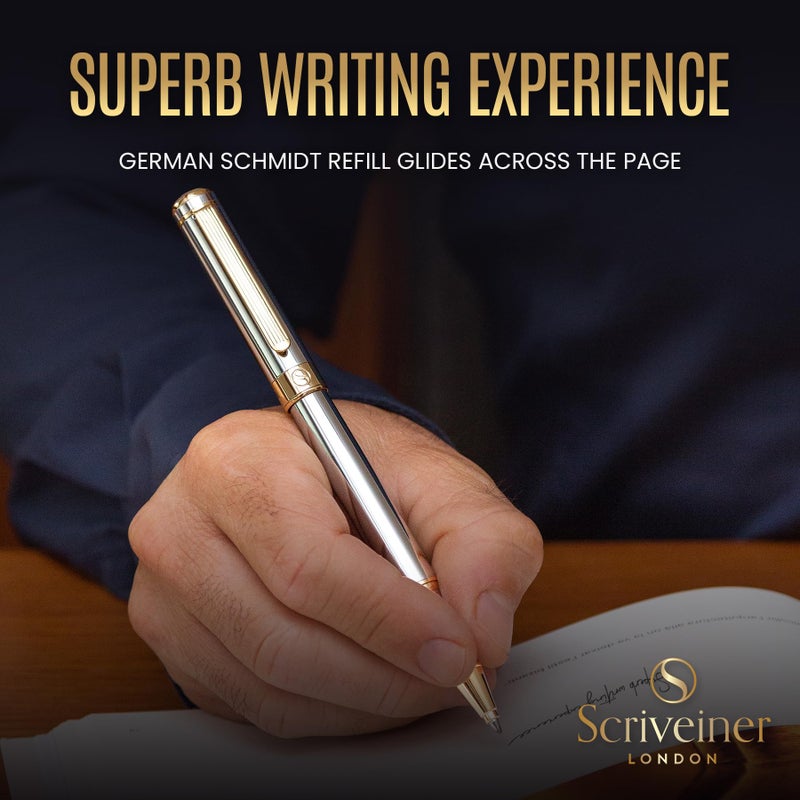 Scriveiner Silver Chrome Rollerball Pen - Stunning Luxury Pen, Real Gold Plating, Schmidt Ink Refill, Best Roller Ball Pen Gift Set for Men & Women, Professional, Executive Office, Fancy Pens - Image 5
