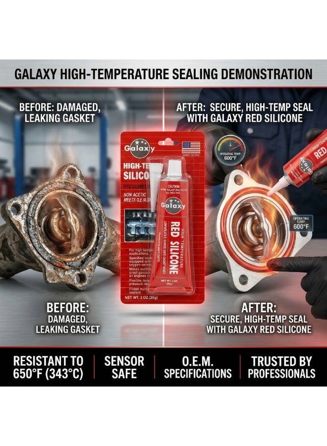 Galaxy High-Temperature Red Silicone Gasket Maker - 3 oz (85g) RTV Sensor Safe Sealant for Automotive Engine, Non-Acetic Acid Formula, Heat Resistant up to 650°F, - Image 3