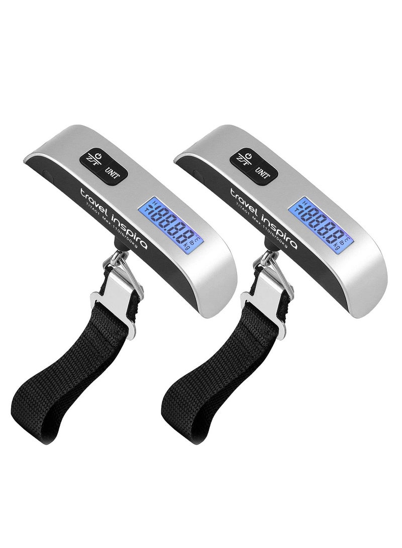 Luggage Scale, Portable Digital Hanging Baggage Scale for Travel – Suitcase Weight Scale with Rubber Paint, 110 Pounds Capacity, Battery Included, Silver – 2 Pcs for Convenient Travel Weighing, Compact and Durable