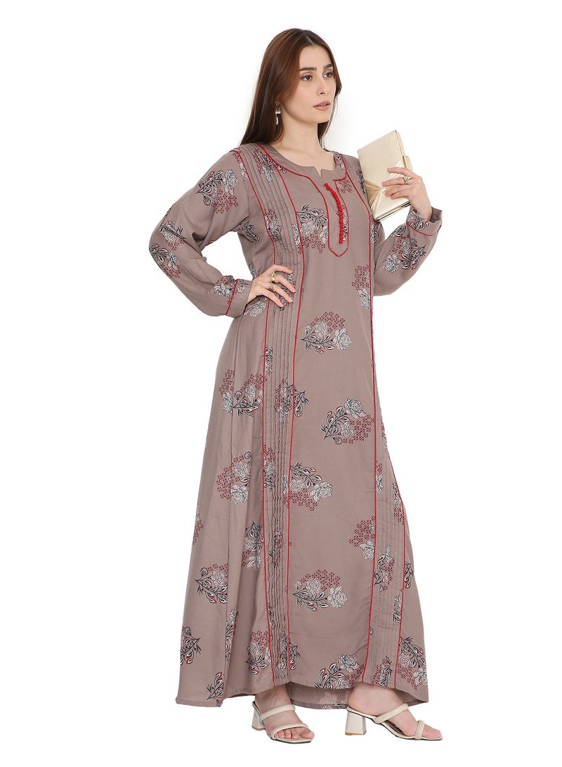 هانا آند سارا جلابية نسائية عربية مطبوعة بالورود، بأكمام طويلة وفضفاضة، بنية اللون - Image 1