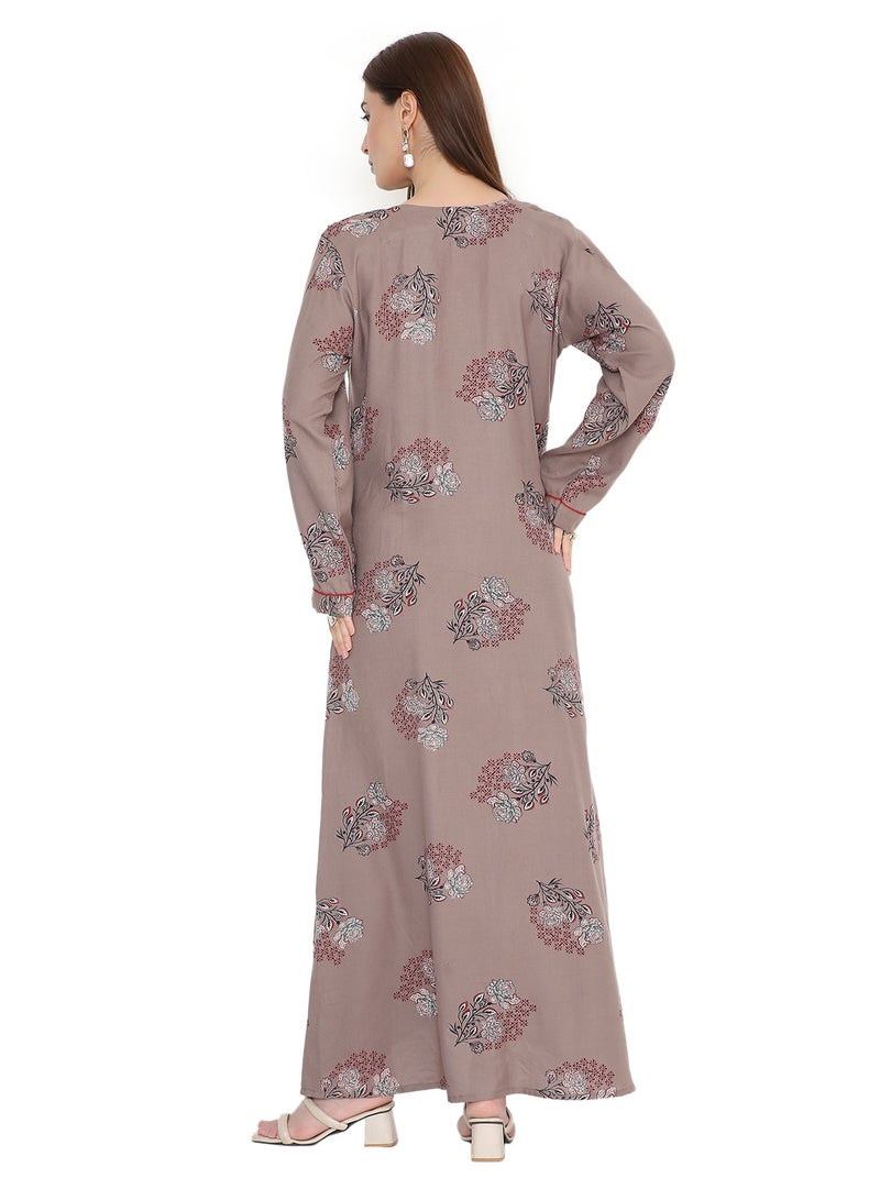 هانا آند سارا جلابية نسائية عربية مطبوعة بالورود، بأكمام طويلة وفضفاضة، بنية اللون - Image 2