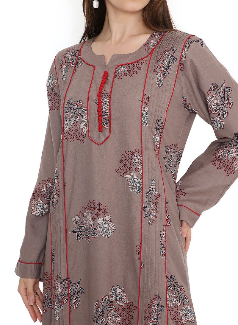 هانا آند سارا جلابية نسائية عربية مطبوعة بالورود، بأكمام طويلة وفضفاضة، بنية اللون - Image 3