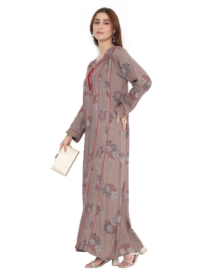 هانا آند سارا جلابية نسائية عربية مطبوعة بالورود، بأكمام طويلة وفضفاضة، بنية اللون - Image 5