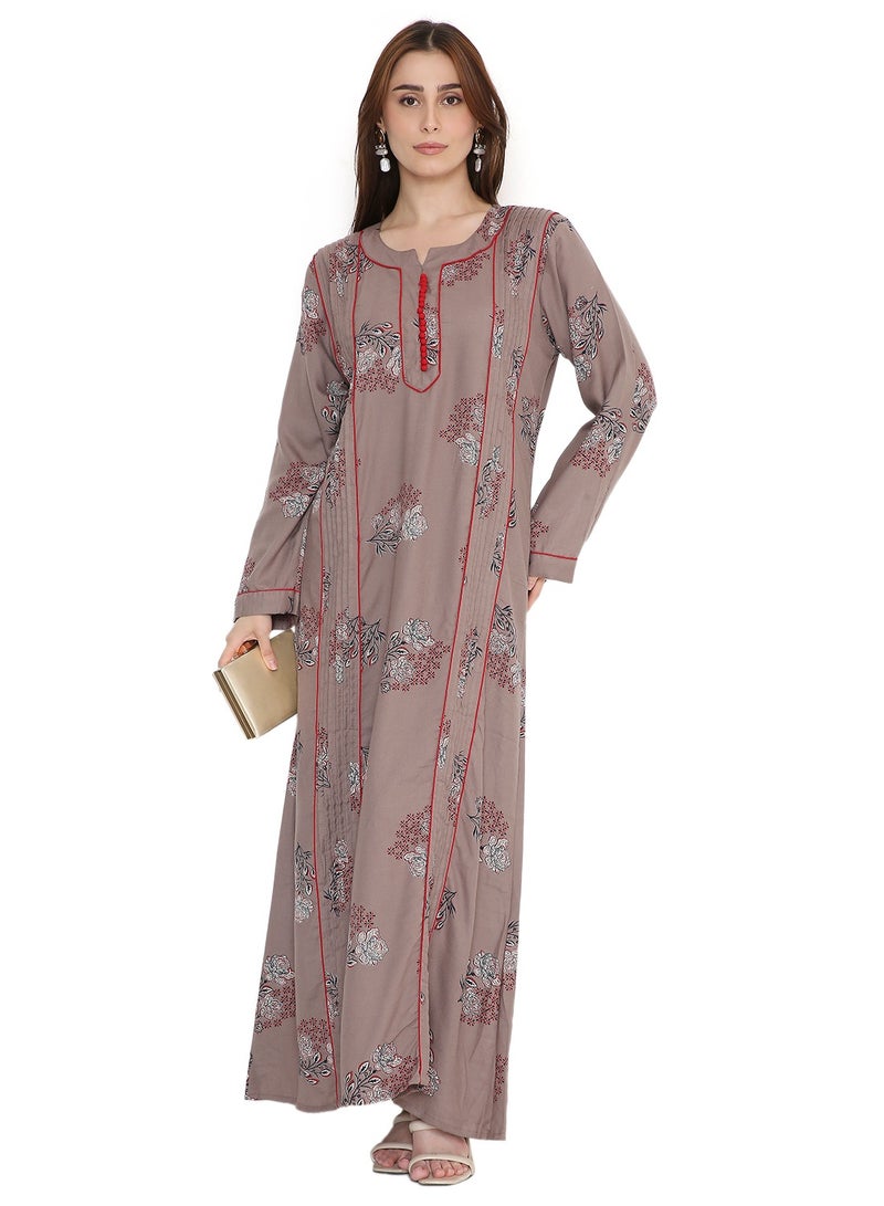 هانا آند سارا جلابية نسائية عربية مطبوعة بالورود، بأكمام طويلة وفضفاضة، بنية اللون - Image 4