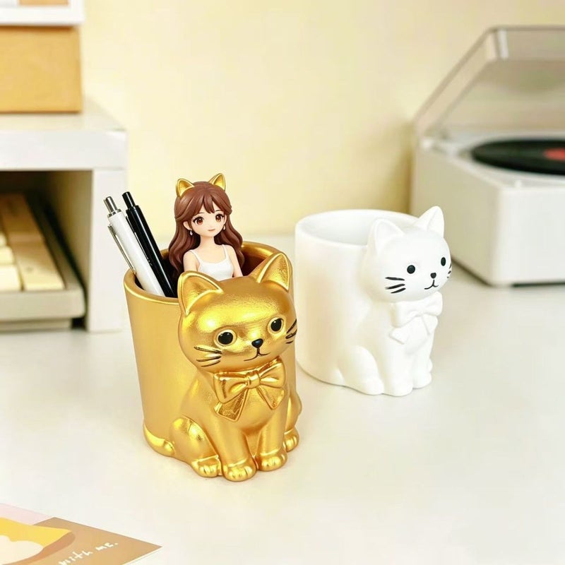 Cute Cat Shaped Ceramic Pen Holder, Minimalist Desk Organizer, Creative Gift - Image 3