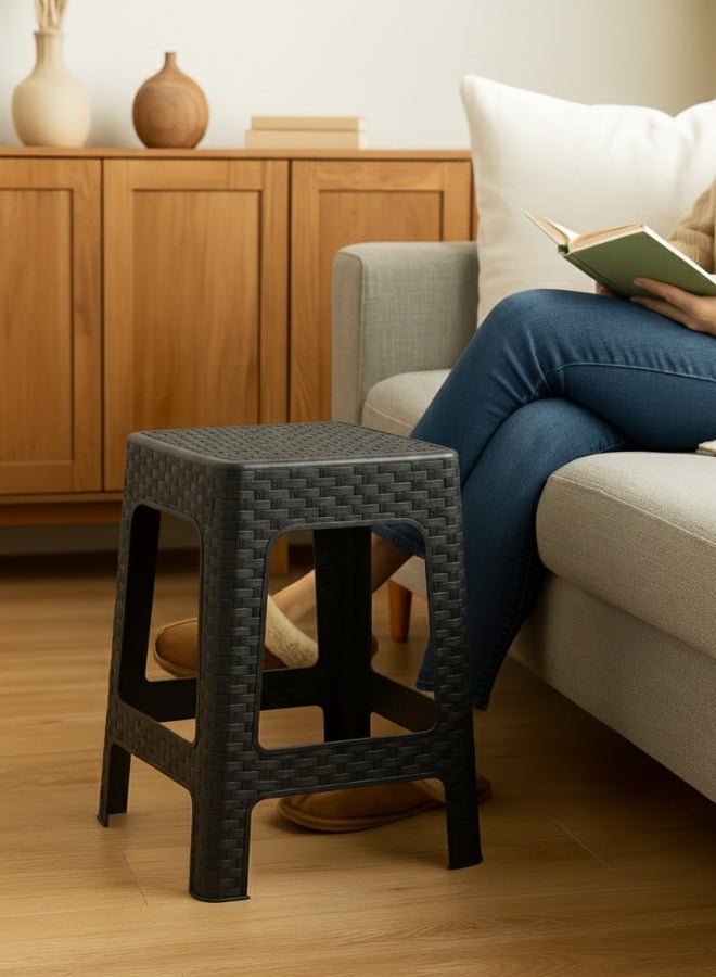 Marcolo Plastic Stool with Rattan Design Lightweight, Weather & UV Resistant (Black, 36X36X45 cm) - Image 3