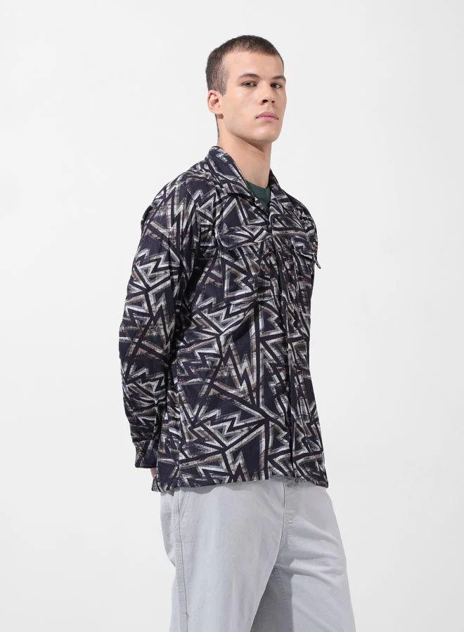 The Indian Garage Co Men Regular Fit Geometric Printed Cutaway Collar Full Sleeves Shirt
