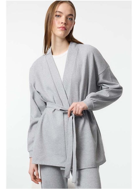 Grey Melange Belted Waffle Fabric Knitted Pajama Set THMAW25PT00015