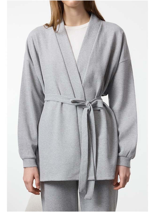 Grey Melange Belted Waffle Fabric Knitted Pajama Set THMAW25PT00015