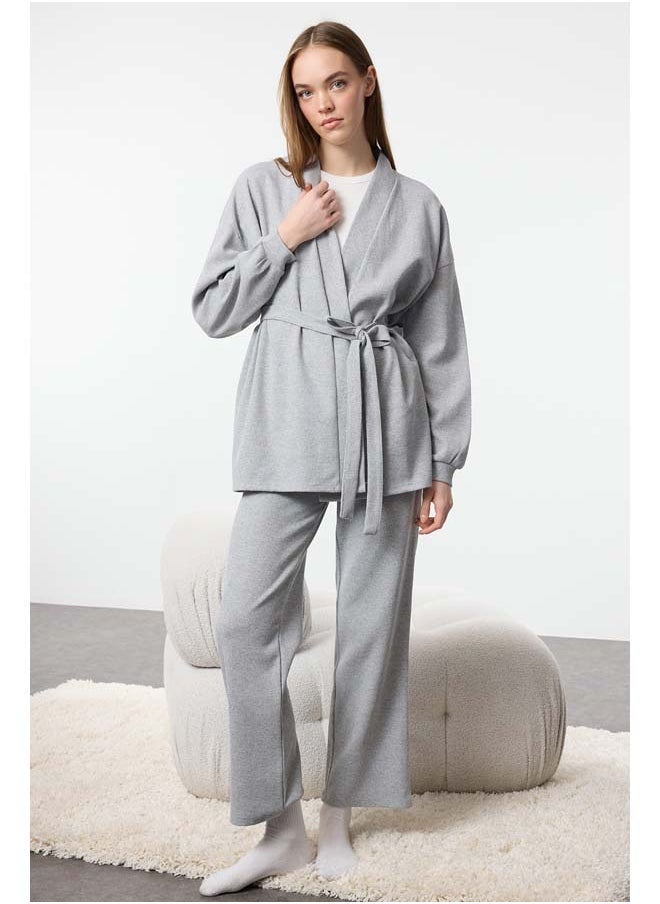 Grey Melange Belted Waffle Fabric Knitted Pajama Set THMAW25PT00015