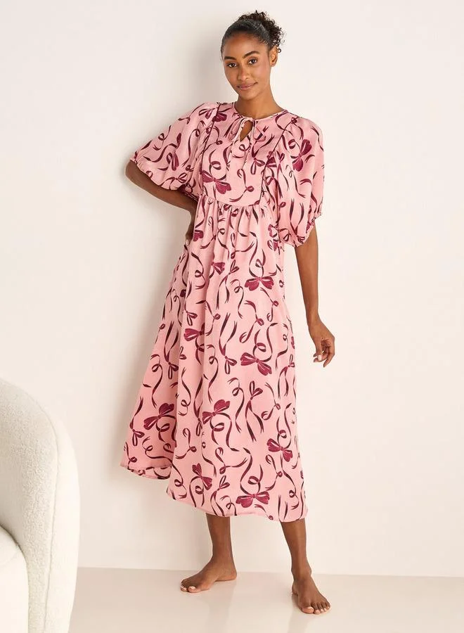 Splash FAV Bow Print Night Dress with Tie-Up Neck and Short Sleeves