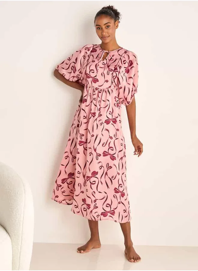 FAV Bow Print Night Dress with Tie-Up Neck and Short Sleeves