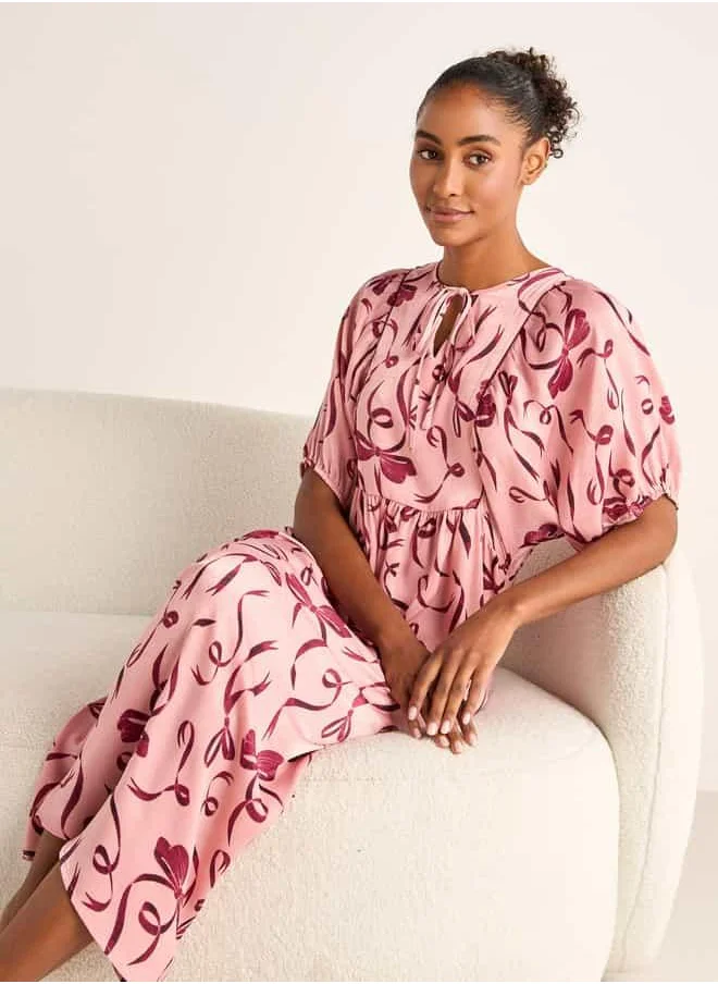 FAV Bow Print Night Dress with Tie-Up Neck and Short Sleeves