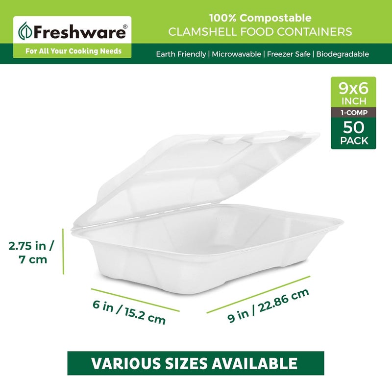 Freshware حاويات طعام قابلة للتحلل من فريش وير 9x6 50 عبوة حاويات للتخلص منها للاستخدام الخارجي مصنوعة من قصب السكر حاويات ورقية قوية آمنة للاستخدام في الميكروويف والفريزر وقابلة للتكديس - Image 3