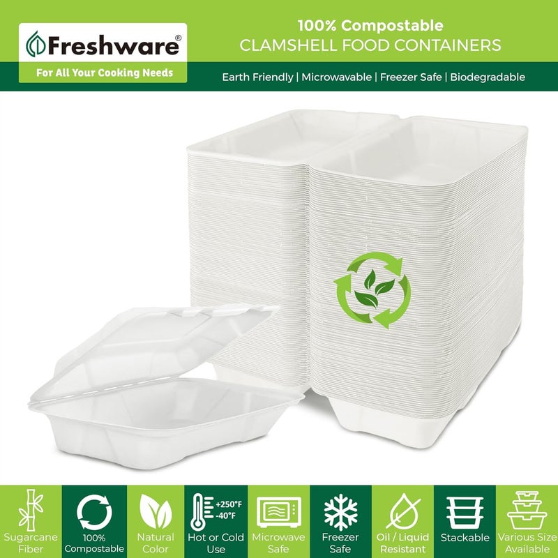 Freshware حاويات طعام قابلة للتحلل من فريش وير 9x6 50 عبوة حاويات للتخلص منها للاستخدام الخارجي مصنوعة من قصب السكر حاويات ورقية قوية آمنة للاستخدام في الميكروويف والفريزر وقابلة للتكديس - Image 2