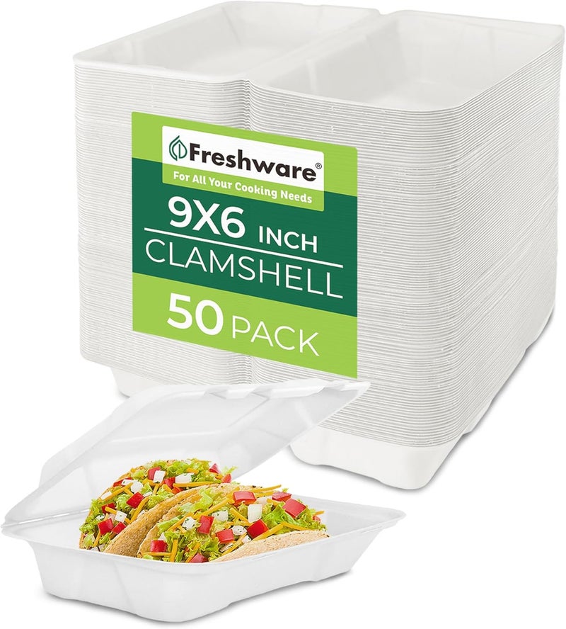 Freshware حاويات طعام قابلة للتحلل من فريش وير 9x6 50 عبوة حاويات للتخلص منها للاستخدام الخارجي مصنوعة من قصب السكر حاويات ورقية قوية آمنة للاستخدام في الميكروويف والفريزر وقابلة للتكديس - Image 1