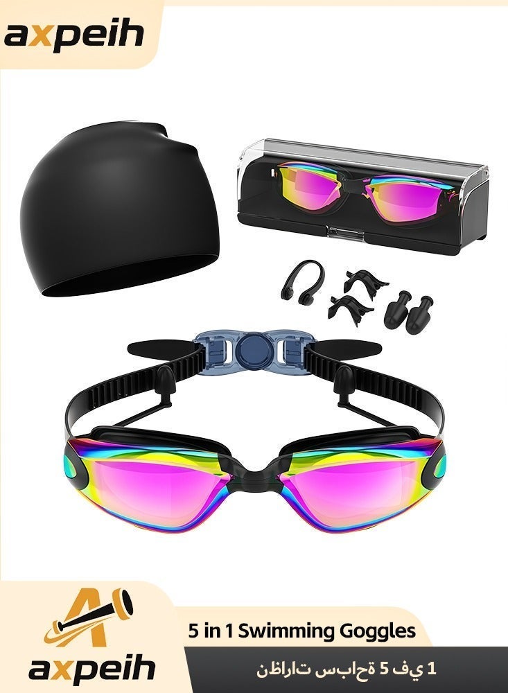 أكسبيه 5 في 1 نظارات سباحة مضادة للضباب -مجموعة النظارات الواقية مع غطاء سباحة، سدادات الأذن، مشبك الأنف، نظارات مقاومة للتسرّب -نظارات سباحة مقاومة للماء يمكن أن تحجب الأشعة فوق البنفسجية بفعالية -مناسبة للرجال والنساء (أسود أرجواني) - Image 1