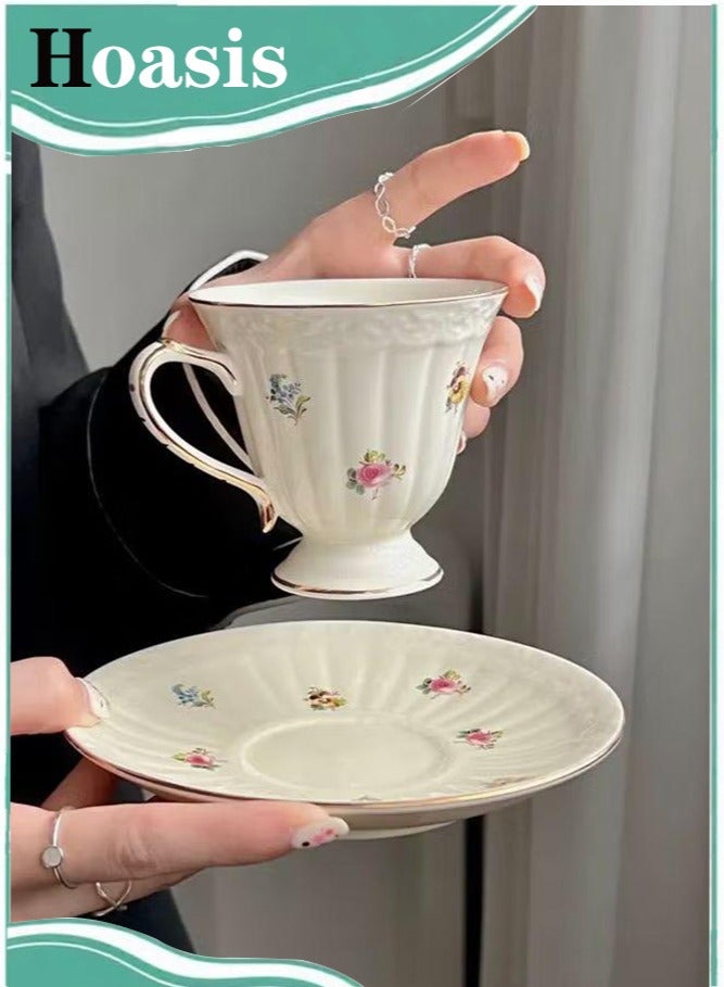 Hoasis Ceramic Espresso Cup Set, 1 Set Ceramic Espresso Cups and Saucers， Vintage Flower Pattern Porcelain Cup and Saucer Sets， European Style Retro Coffee Cup for Coffee or Tea - Image 1