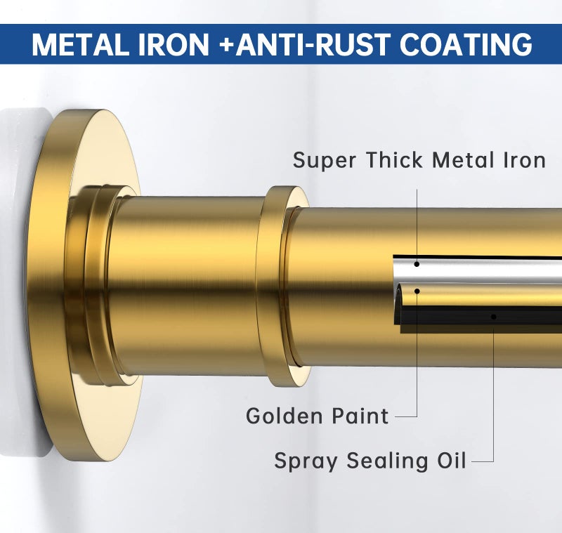 BRIOFOX Industrial Shower Curtain Rod - Rustproof Non-Slip 43-72 Inches Tension Curtain Rod for Window or Bathroom, Sunglow Gold - Image 3