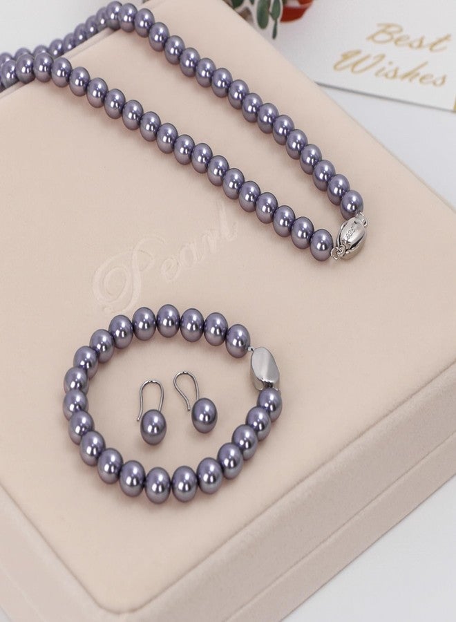 JORA Pearl Jewelry Set for Women: 8mm Round Purple Shell Pearl Necklace and Earring Set for Wedding Birthday Gift - Image 3