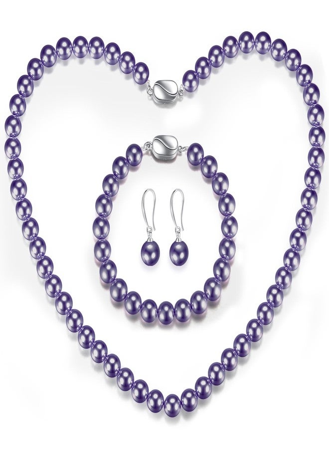 JORA Pearl Jewelry Set for Women: 8mm Round Purple Shell Pearl Necklace and Earring Set for Wedding Birthday Gift - Image 1