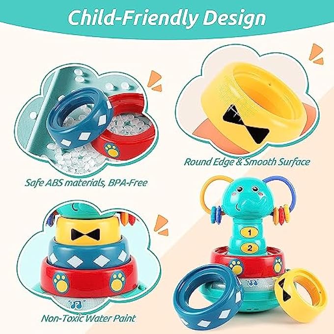 MUSIC TOYS FOR BABIES 6-12 MONTHS, INTERACTIVE ELEPHANT MUSIC ROLY-POLY W/STACKING RING RATTLE TOY,MONTESSORI SENSORY WITH EARLY EDUCATIONAL LEARNING STACKING TOWER TOY,1ST BIRTHDAY GIFT - Image 5